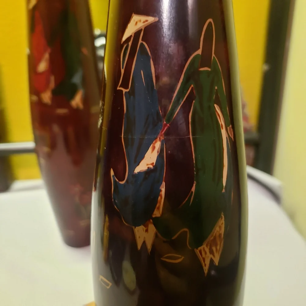 HOST PICK 😊 2 Vtg Oriental Asian Handpainted Bamboo Vases